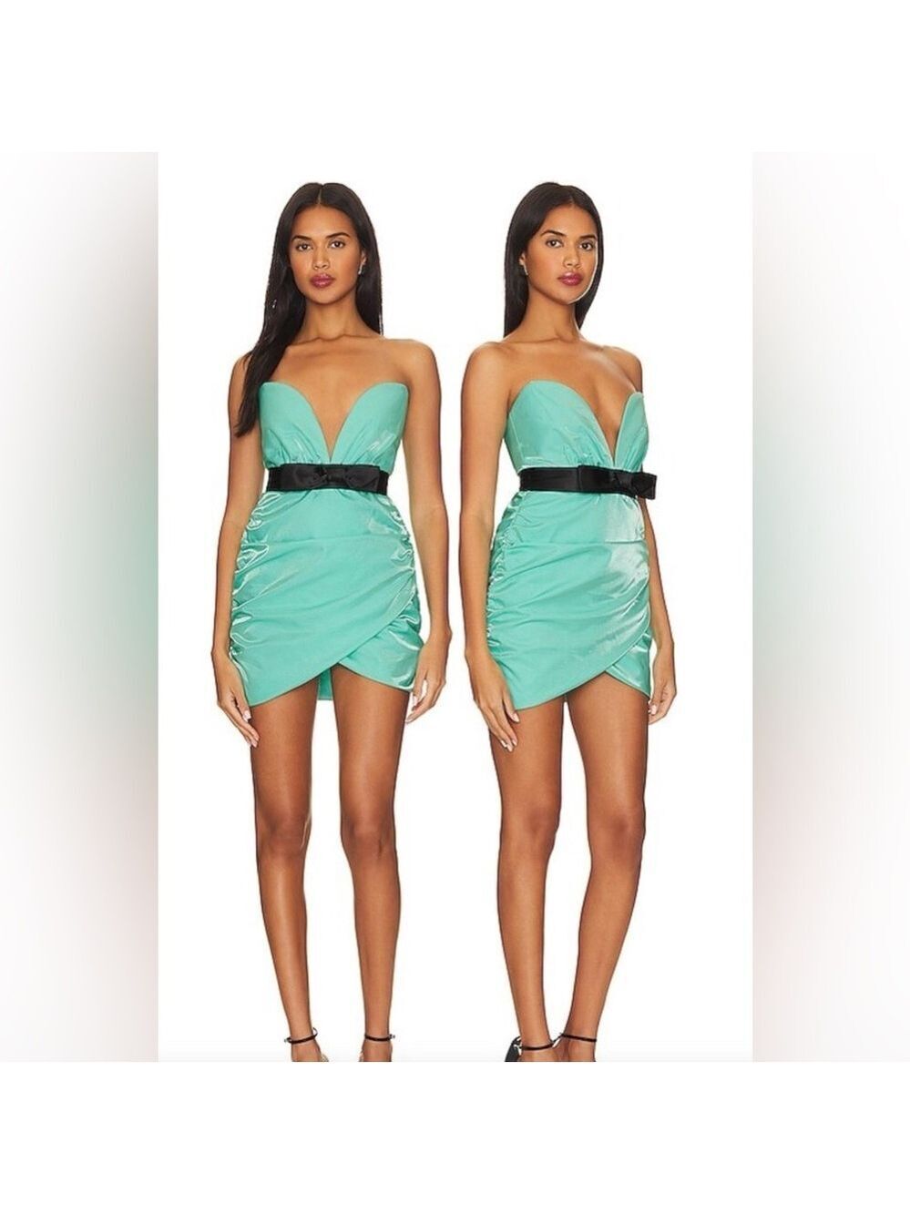 Superdown Strapless Turquoise Dress with Black Bow